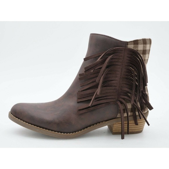 Code West Ankle Boots Womens 7 Brown Faux Leather Western Low Key Plaid Fringe - Picture 2 of 9